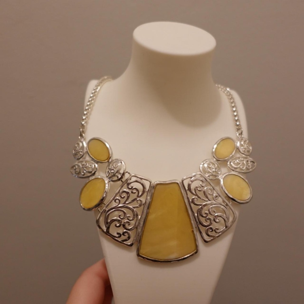 Yellow Statement Bib Necklace Silver Tone Filigree Scrollwork Boho Ornate